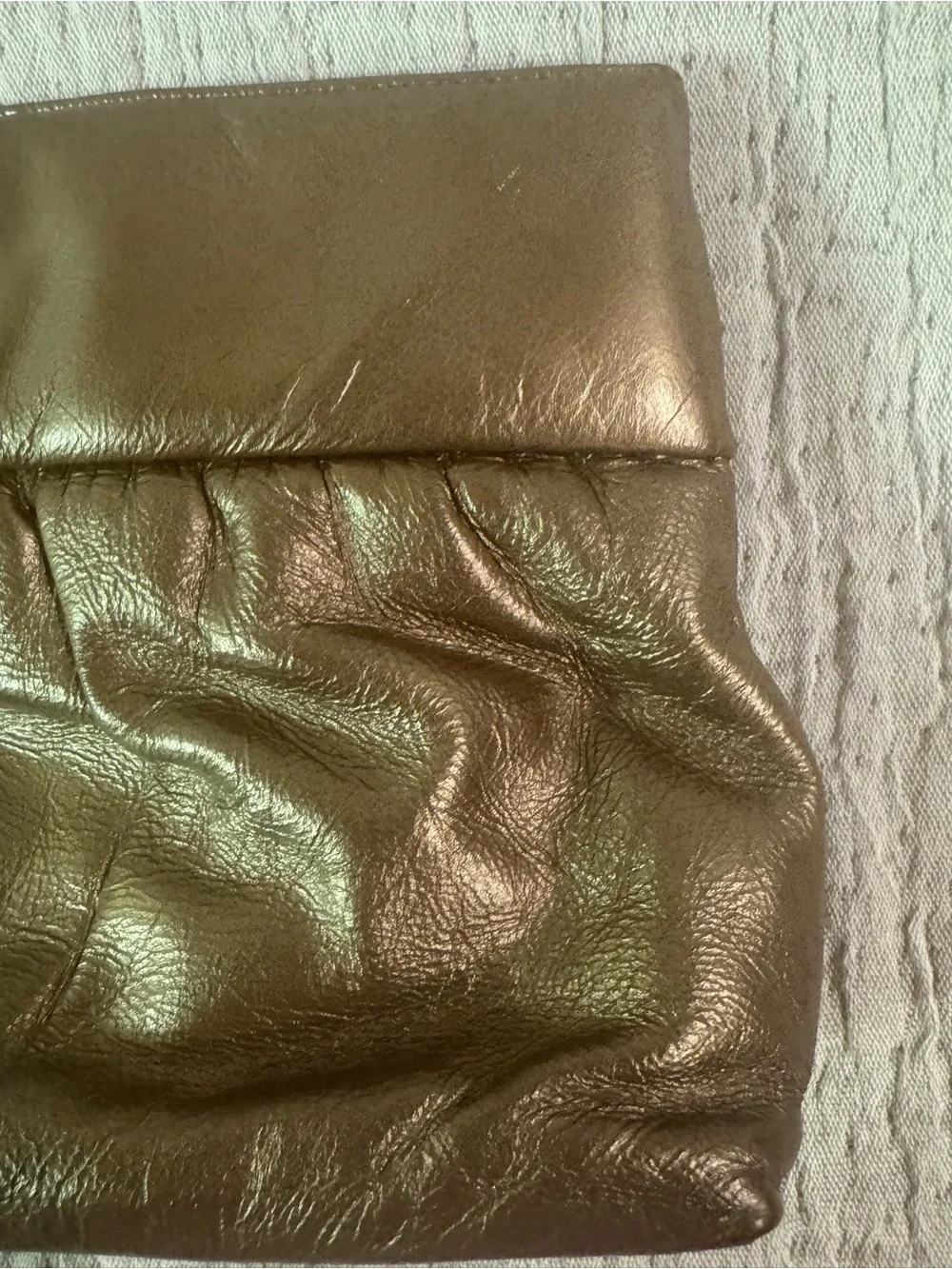 VTG Stuart Weitzman Metallic Bronze Hinge Open Clutch with Zipper Rosette